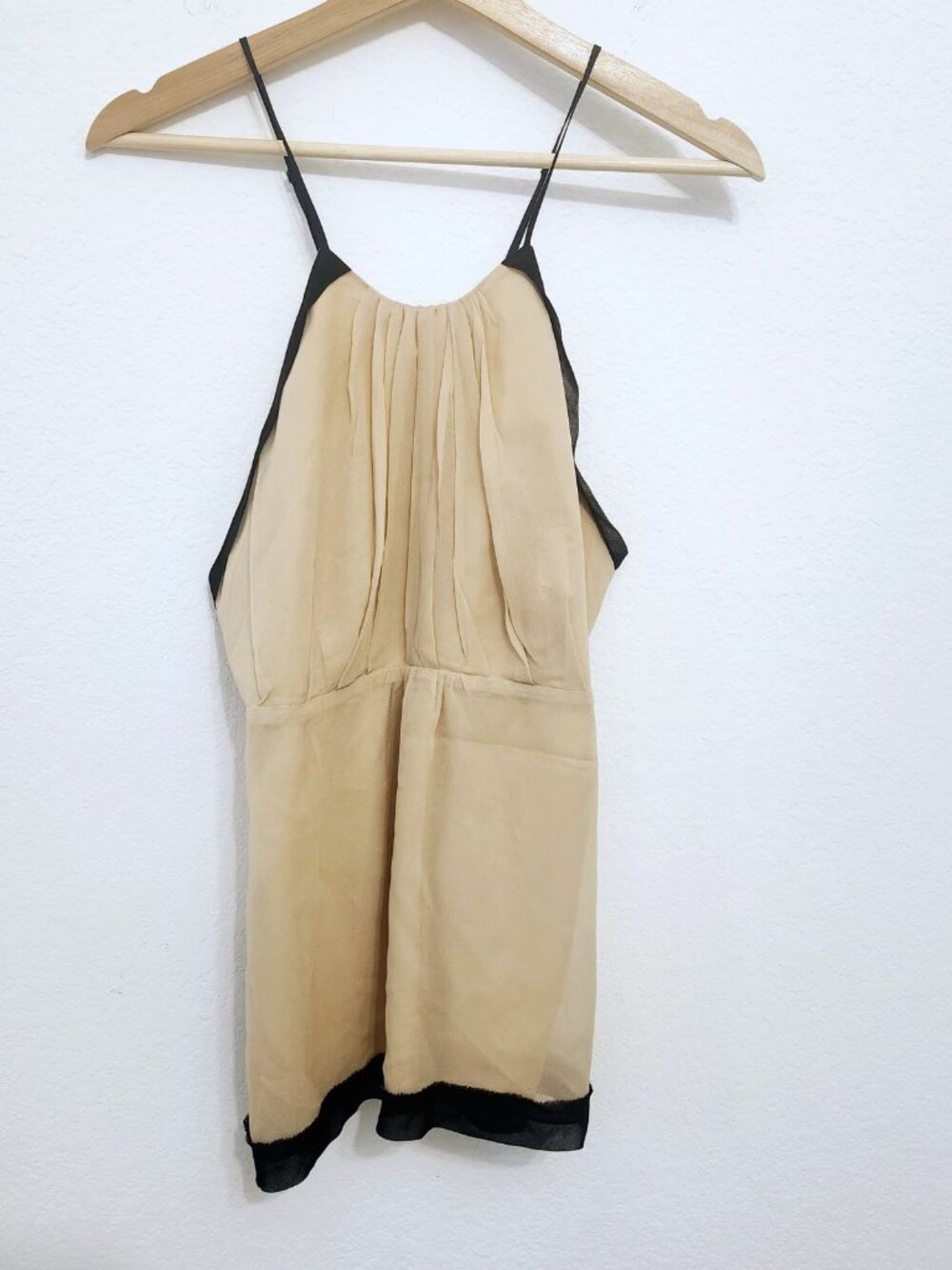 Sandra Angelozzi 100% Silk Top Champagne Black Trim Sz 40